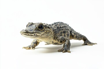 Fototapeta premium A baby alligator is standing on a white background. The baby alligator is looking at the camera