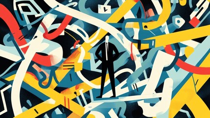 Confident businessman amidst chaotic abstract shapes and lines.
