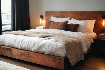 A stylish bedroom featuring a wooden bed frame, plush pillows, and cozy blankets, illuminated by natural light from a large window.