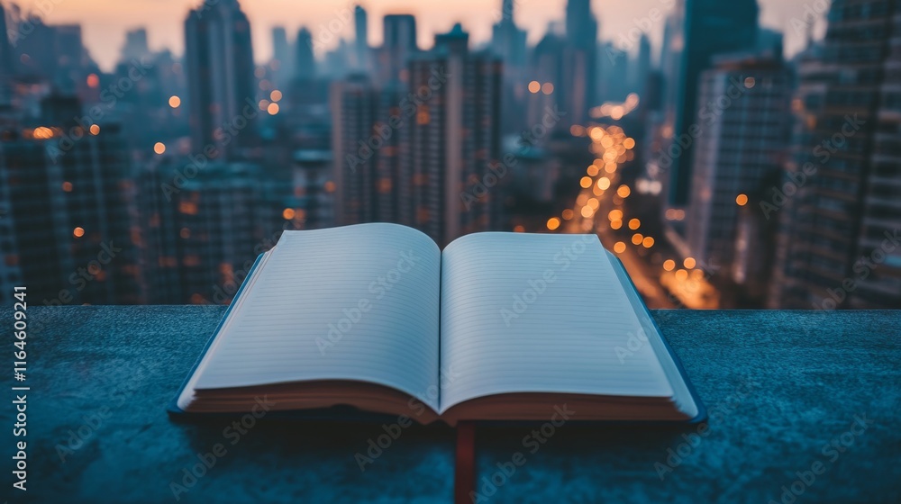 Aufkleber a book is open to a page with a heart drawn on it. the city below is lit up at night, creating a bea