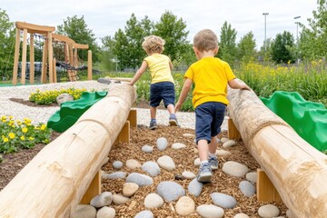 Children enjoy playful exploration on a sustainable playground made from recycled materials, featuring natural landscaping and eco-friendly design elements