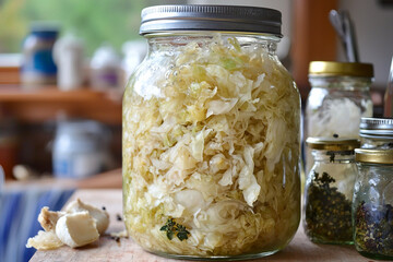 Sauerkraut fermenting in a jar