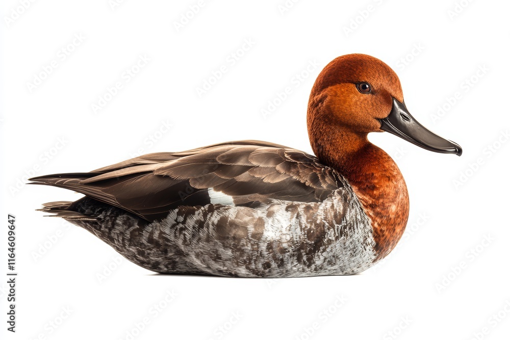 Poster close-up image of a redhead duck showcasing its colorful feathers and elegant posture against a plai