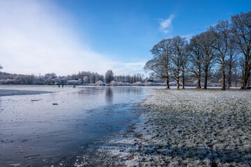 Flooded, frozen field in winter