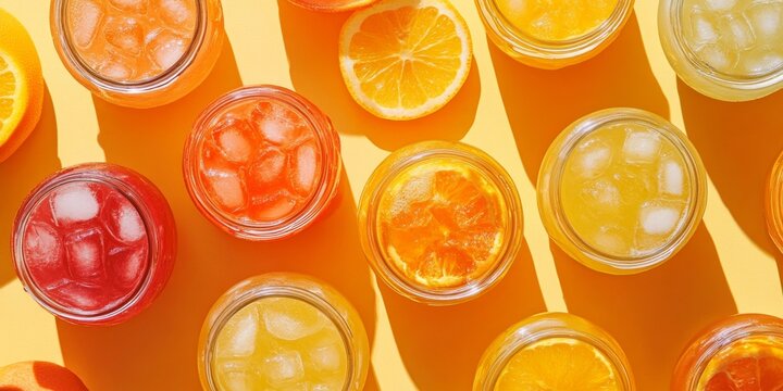 A row of colorful drinks with ice cubes in them. The drinks are in different colors and sizes, and they are arranged in a row. The drinks are likely to be fruit juices or smoothies