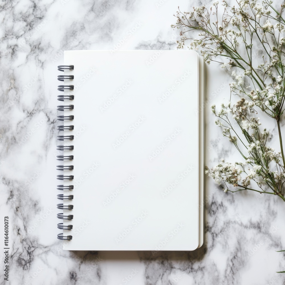 Poster a spiral bound notebook sits on a marble countertop. the notebook is empty and the countertop is whi