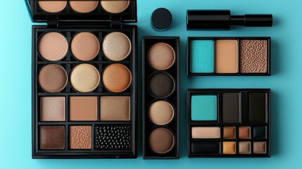 Makeup palettes and containers on a turquoise background.