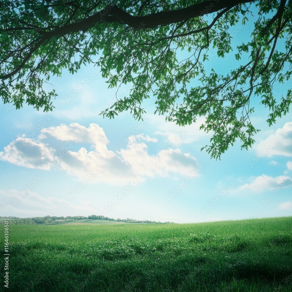 Poster a large tree with a branch extending over a field of grass. the sky is clear and blue with a few clo