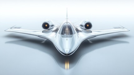 Futuristic silver aircraft design, sleek lines, twin engines, cockpit visible, reflecting on surface.