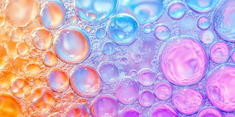 Colorful abstract background featuring iridescent soap bubbles in shades of orange, pink, and purple. Reflective surfaces create a dreamy, fluid pattern, perfect for creative designs and concepts.