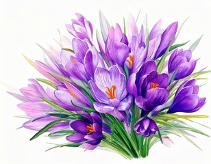 Obraz premium Purple snowdrops, crocuses, bouquet, watercolor illustration on a white background. Bouquet with snowdrops, crocuses for invitation design.