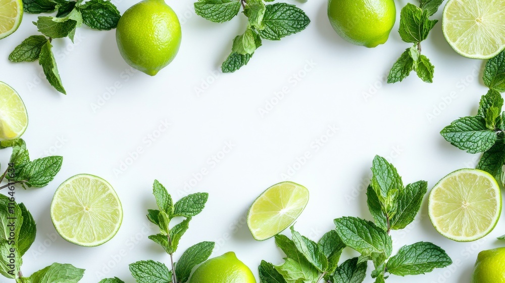 Poster a white background with green leaves and lime slices. the lime slices are arranged in a circle aroun