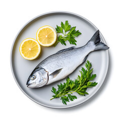 Fresh Raw Whole Sea Fish with Lemon on plate top view isolated on white background