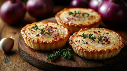 Mini onion tarts with thyme on a wooden board.
