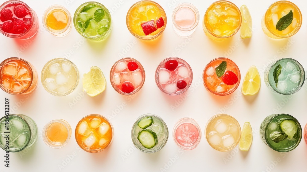 Poster a row of colorful drinks with ice cubes in them. the drinks are in different colors and sizes
