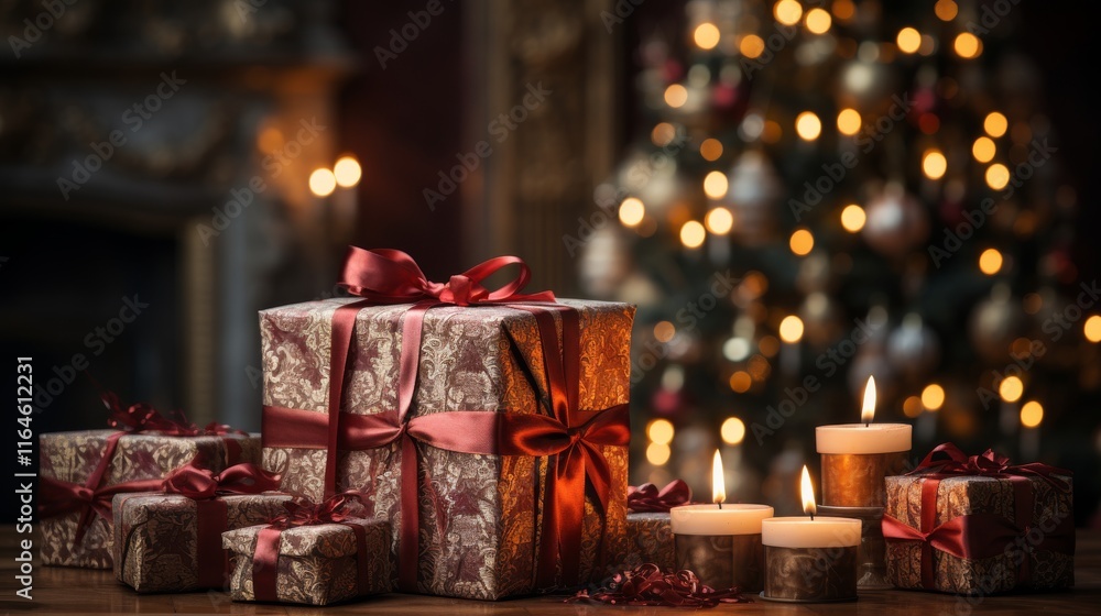 Poster a christmas tree with a box of presents on top of it. the presents are wrapped in red ribbon and are