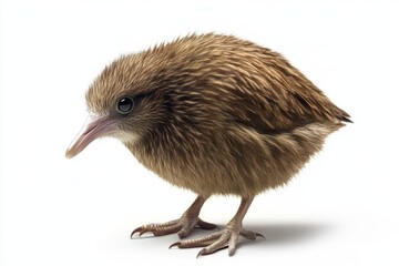 Fototapeta premium A small brown bird with a black beak is standing on a white background. The bird appears to be looking at the camera, possibly curious or alert