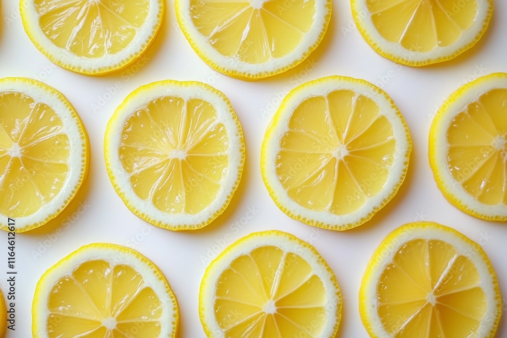 Poster a close up of many slices of lemon. the slices are cut in half and arranged in a row. concept of fre