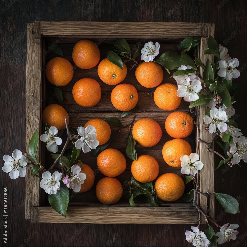 Poster a wooden box with oranges and flowers. the oranges are in a row and the flowers are in the backgroun