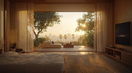 Modern bedroom with balcony overlooking sunrise city view.
