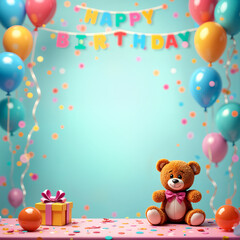 Obraz premium Holiday illustration. Festive birthday celebration with a teddy bear sitting on a table, surrounded by colorful balloons and confetti, and a large Happy Birthday banner hanging above the scene.