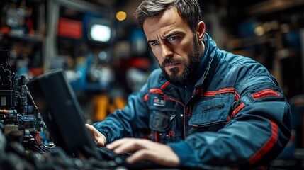 Overhead shot of mechanic performing computer diagnostics in a candid behindthescenes look
