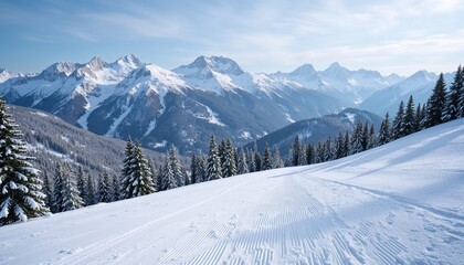 Fototapeta premium Pristine Ski Slope with Freshly Groomed Snow and Snow-Capped Pines