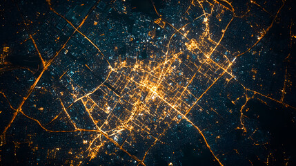 Aerial top down view of a busy city at night with a glowing urban lights
