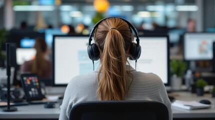 Professional Woman Using Headphones Working at Computer in an Office Setting
