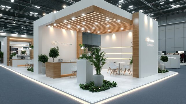 Modern exhibition booth with wood and plants.