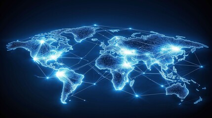 abstract representation of a global market network, with illuminated lines connecting major cities across a world map, emphasizing the interconnectedness of modern business