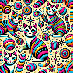 Fototapeta premium Pop Art illustration of playful cats with bold, colorful spring toys in vibrant neon colors