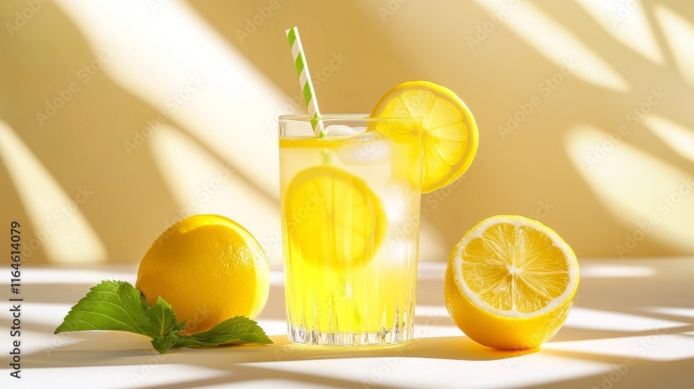 Poster a glass of lemonade with a straw in it and a lemon slice on the side. there are two lemons on the ta