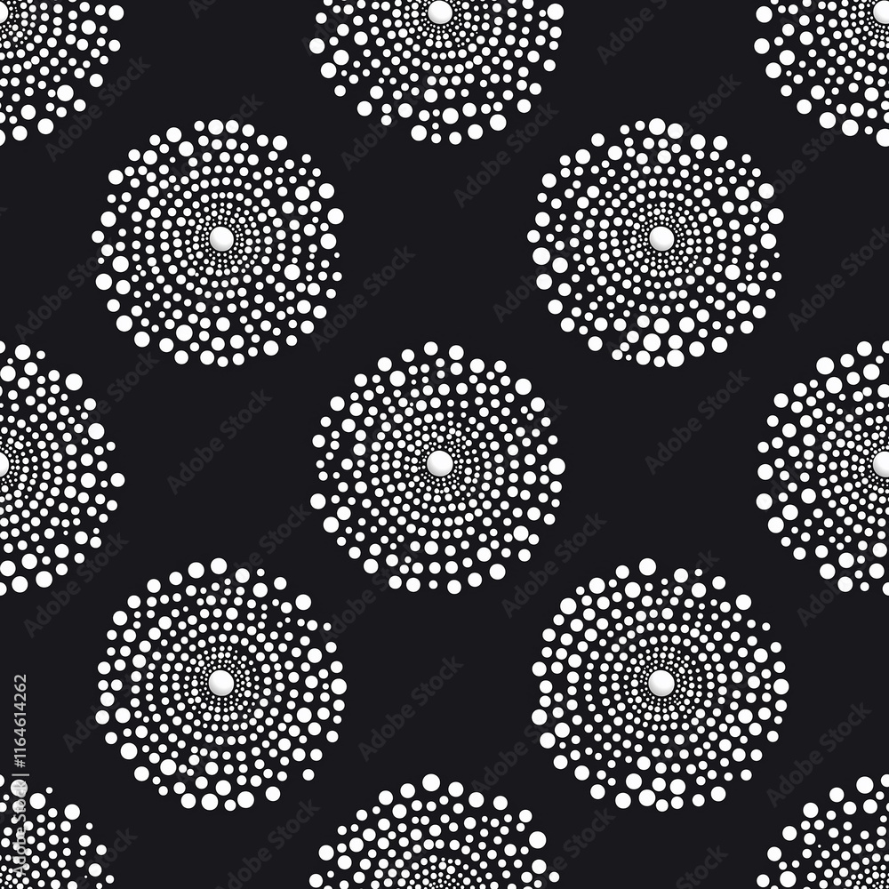 Poster geometric pattern featuring white circular designs on a black background, creating a modern and styl