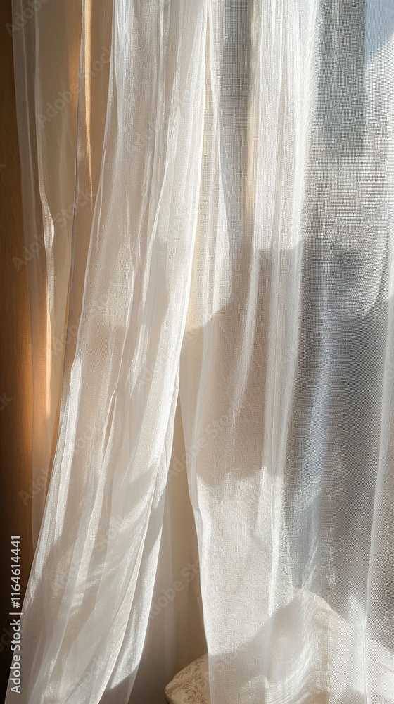 Poster a white curtain with a pattern of squares and triangles. the curtain is open and the sun is shining 
