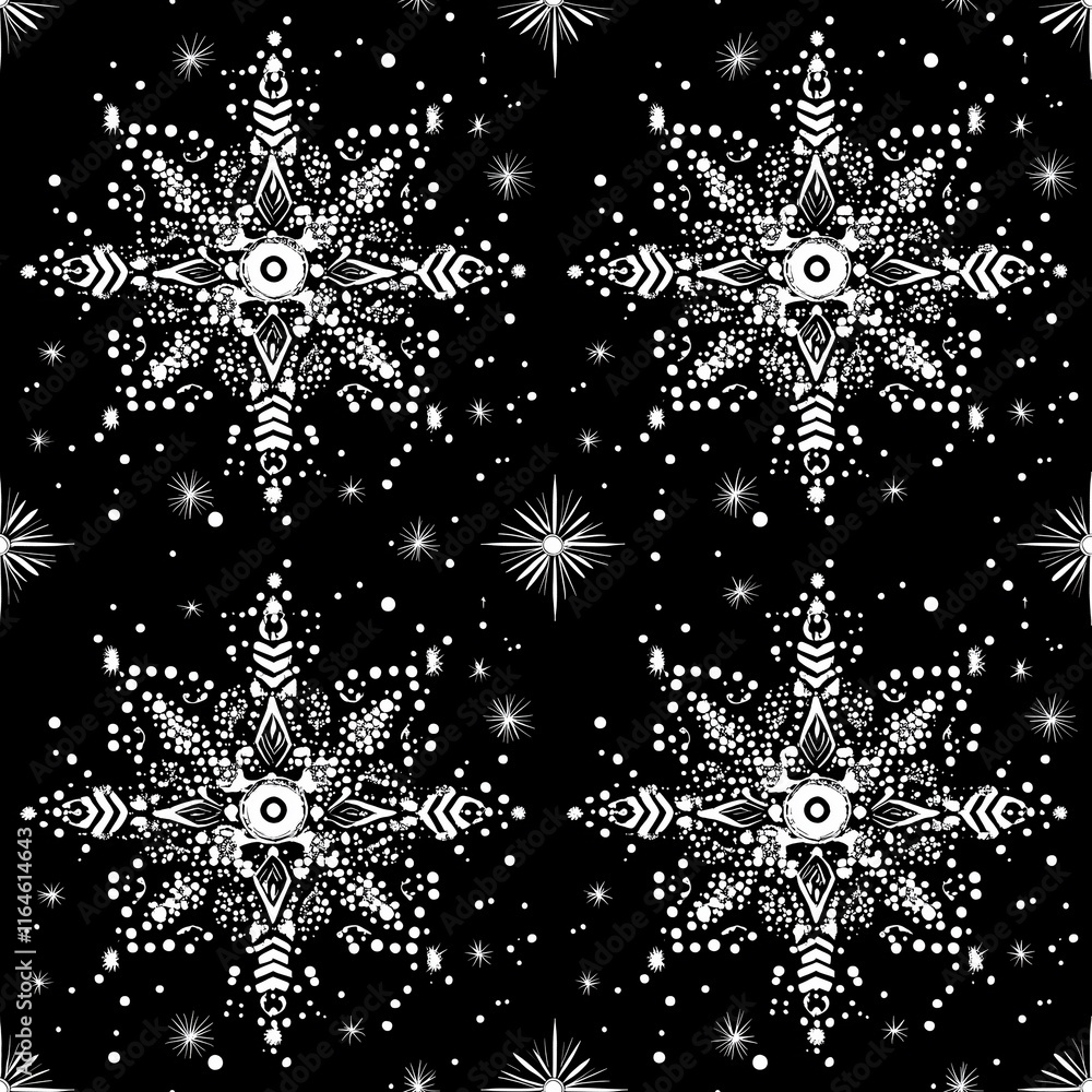 Poster seamless dot pattern design with intricate snowflake motifs black background artistic illustration m