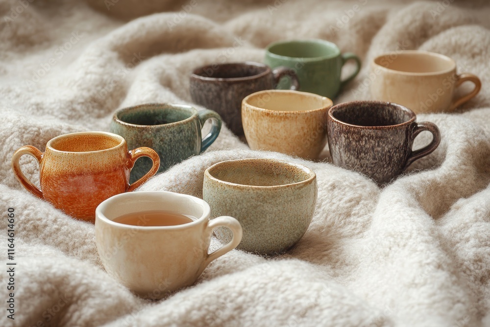 Poster a row of cups are sitting on a blanket. the cups are of different colors and sizes. there are at lea