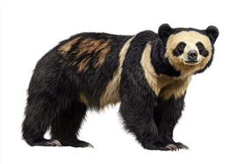 Fototapeta premium A bear with black and white fur stands on a white background. The bear has a happy expression on its face