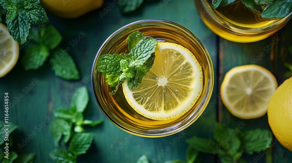 Poster a glass of lemonade with a slice of lemon in it. there are also two lemons on the table