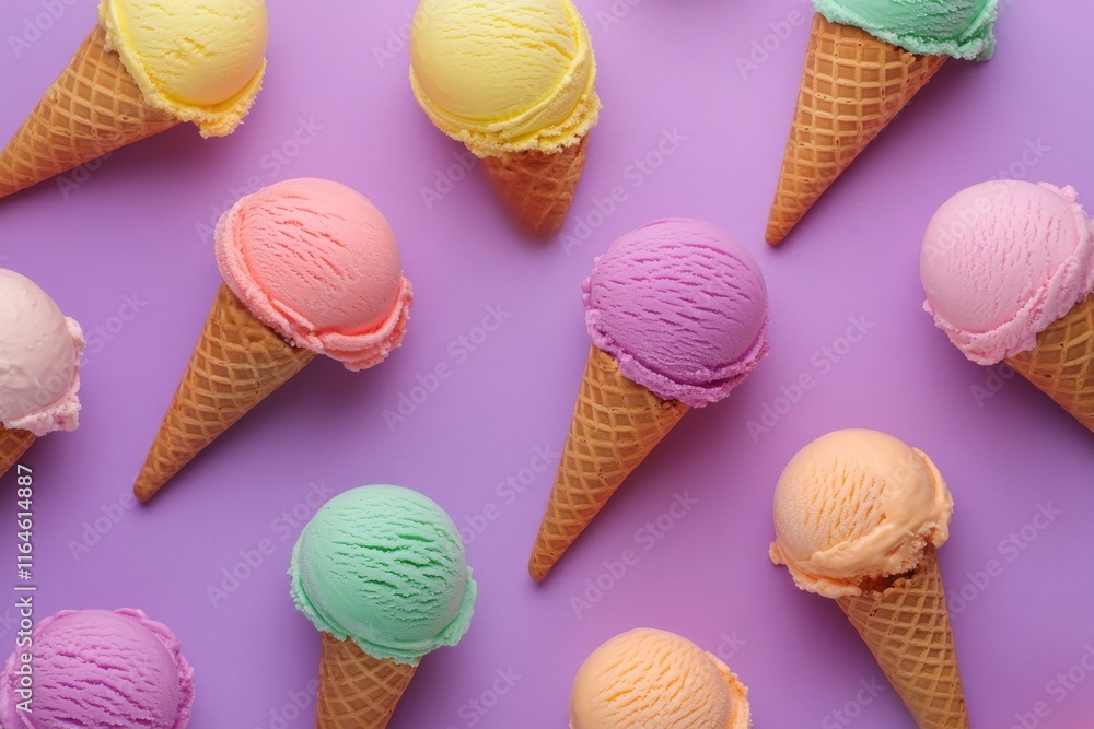 Poster a row of colorful ice cream cones with different flavors. the cones are arranged in a pattern on a p