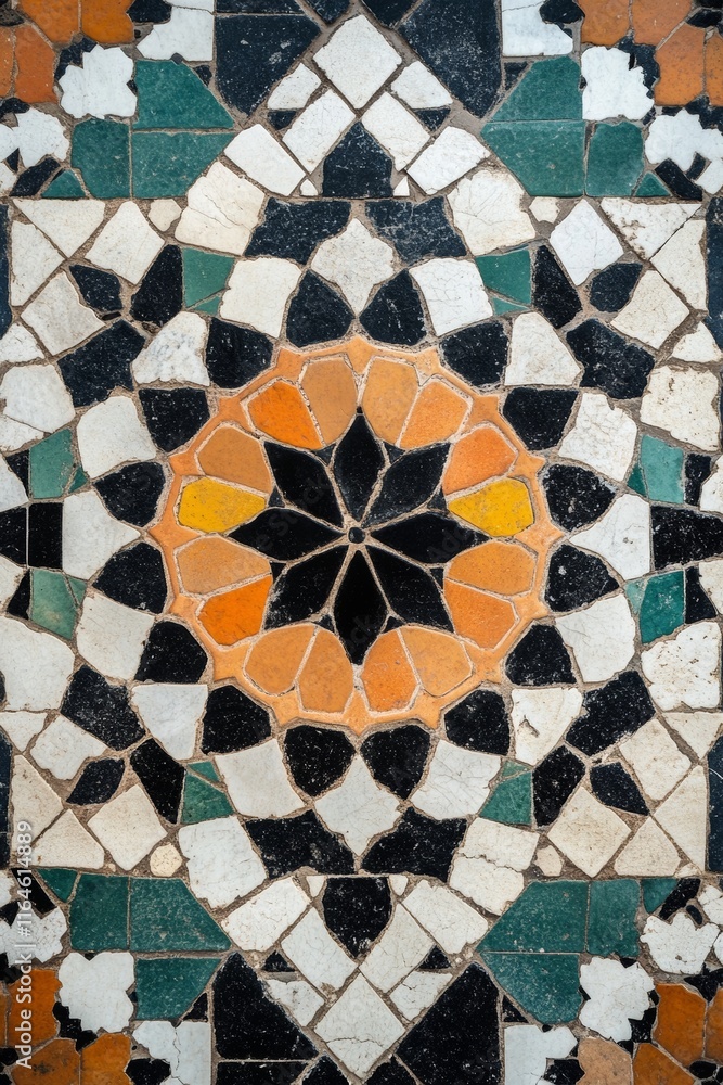 Aufkleber a colorful mosaic tile floor with a black center. the tiles are arranged in a circular pattern. the 