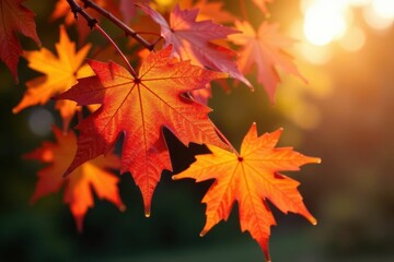 Fototapeta premium Sunlit maple branch displays fiery hues; leaves in various stages of autumn color change , wood, texture