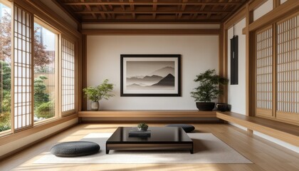 Fototapeta premium Serene Minimalist Japanese Zen Room Interior Design with Wooden Shoji Screens and Low Table