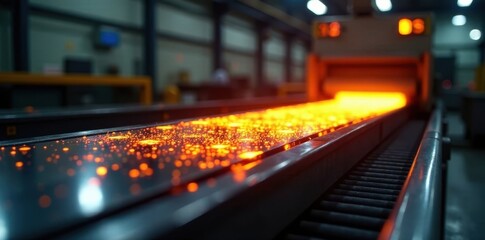 Glowing hot steel plate moves on industrial conveyor belt, metallurgy, equipment, logistics