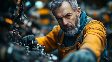 Overhead shot of mechanic tightening bolts on an engine in a candid behindthescenes look