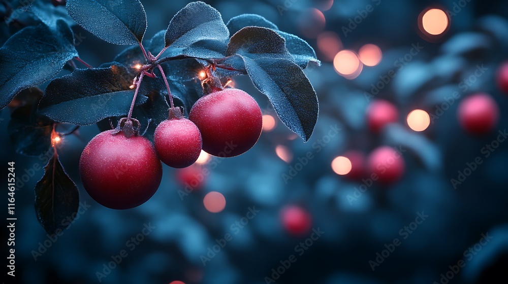 Poster frosted apples adorned with twinkling lights on a branch