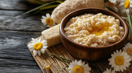 Fototapeta premium bowl of warm oatmeal mixed with honey and olive oil, surrounded by chamomile tea bags and a loofah sponge