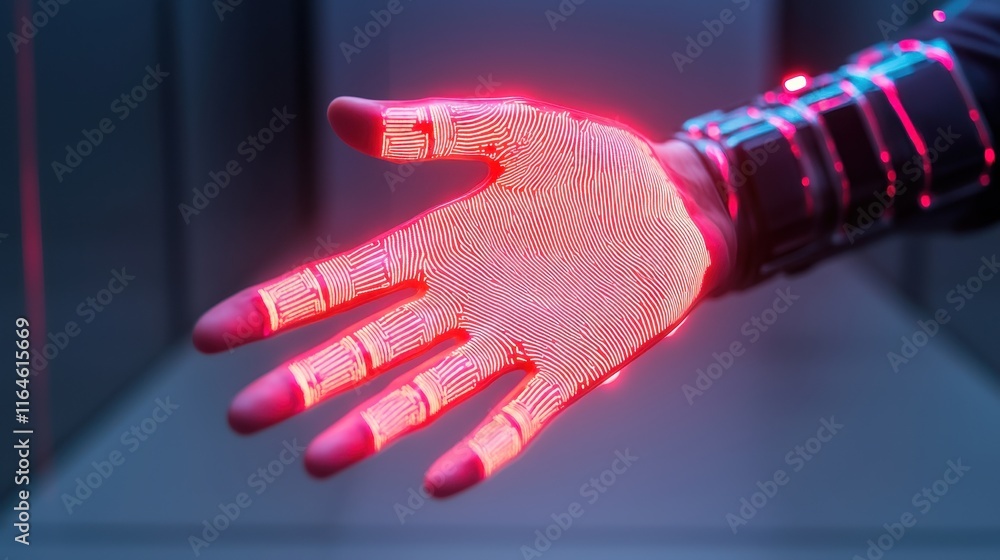 Poster a futuristic hand with glowing, digital patterns, showcasing advanced technology and innovation in r