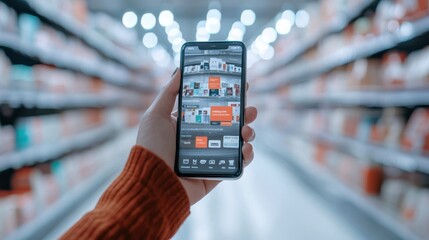 A hand holds a smartphone displaying a shopping app while surrounded by shelves in a brightly lit store.