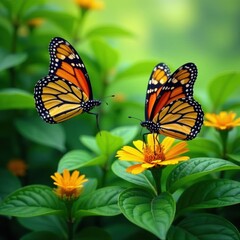 Naklejka premium Vibrant monarch butterflies on lush green foliage, invertebrate, close-up, exotic